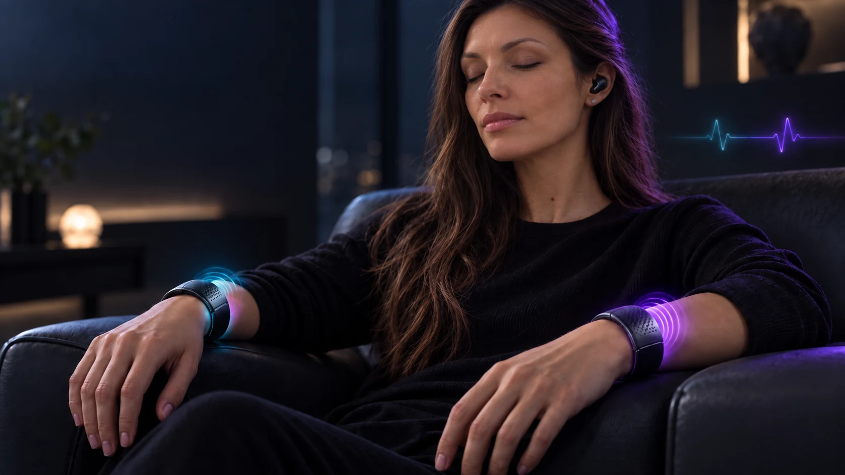 Relaxed listener wearing earbuds and bilateral wristbands with blue and violet pulses
