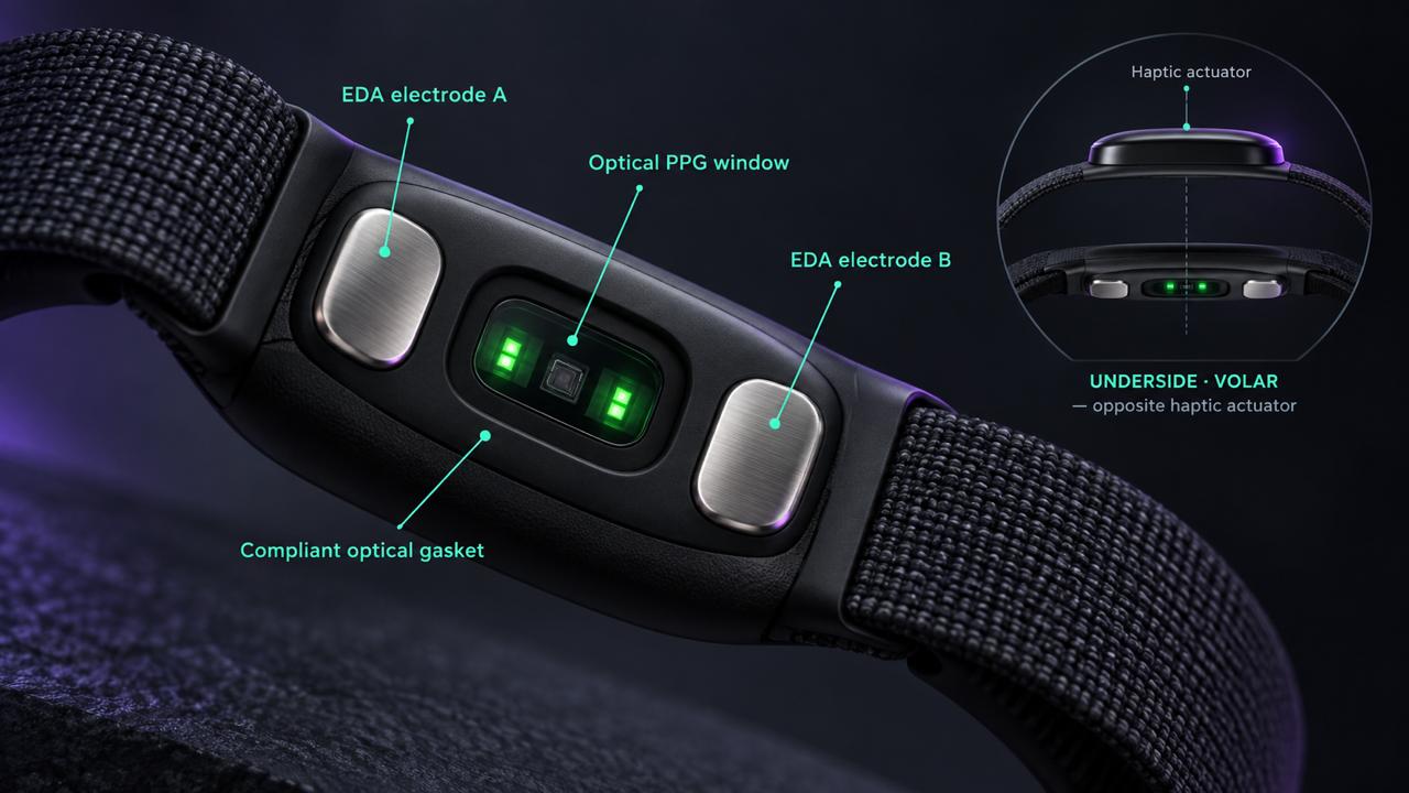 Wearable underside concept showing an optical sensor window and proposed EDA electrodes