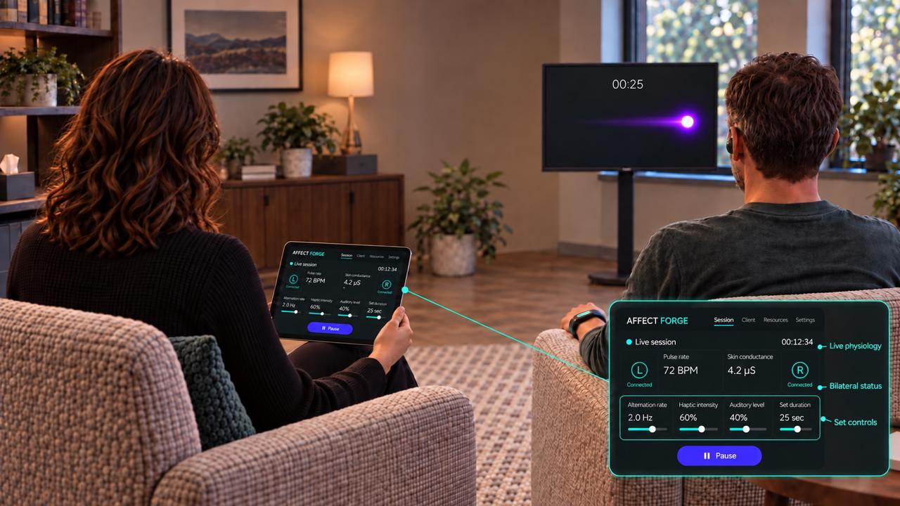 Concept of a practitioner guiding a connected bilateral stimulation session
